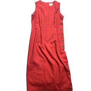 Vintage Olivia Rose Red Linen Lagenlook Side Slit‎ Button-Down Maxi Dress, Sz 18